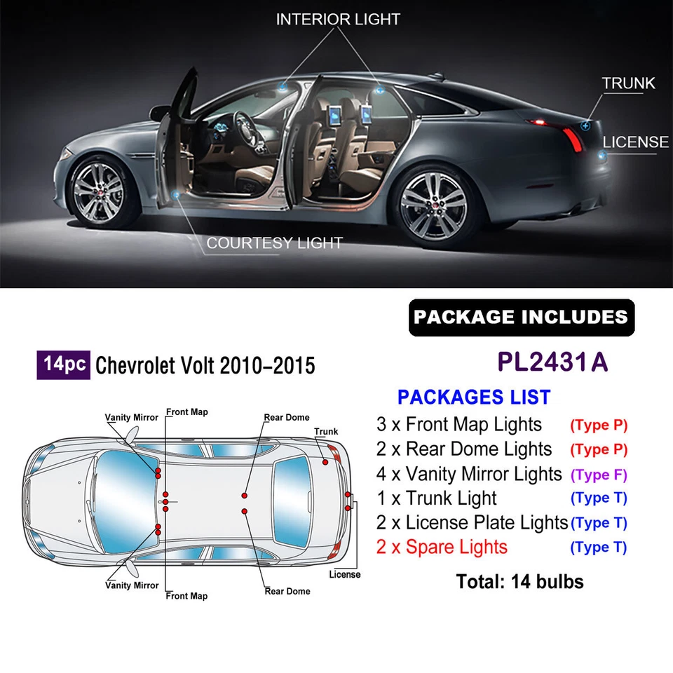 Kit de luces interiores LED blancas 14 bombillas para Chevrolet Volt 2010-2015 reemplazo Foto 2 de 4