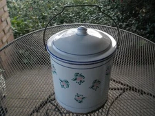 Vintage Enamel Farmhouse Bucket w/ Lid Art Deco Design Enamelware Pail