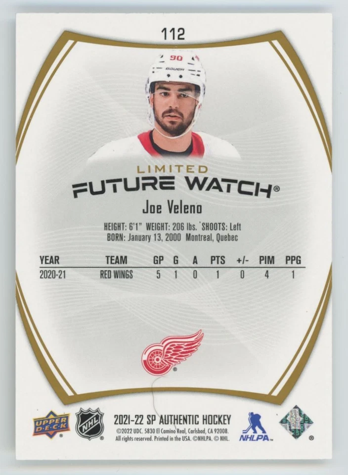 2021-22 SP Authentic Limited Gold 92/99 Joe Veleno  Detroit Red Wings #112 - Image 2 of 2