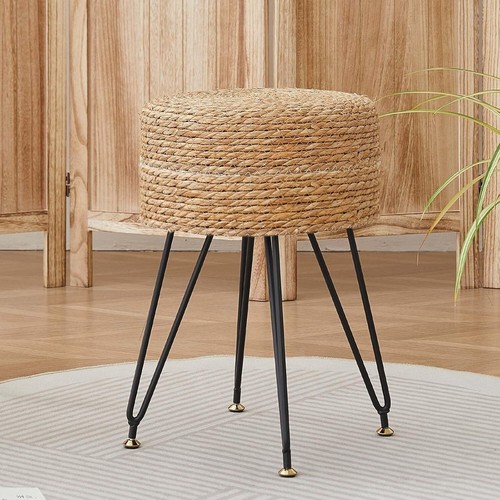 Elegant Round Seagrass Footstool with Soft Foam and Metal Support - 18.65" High - Picture 3 of 11