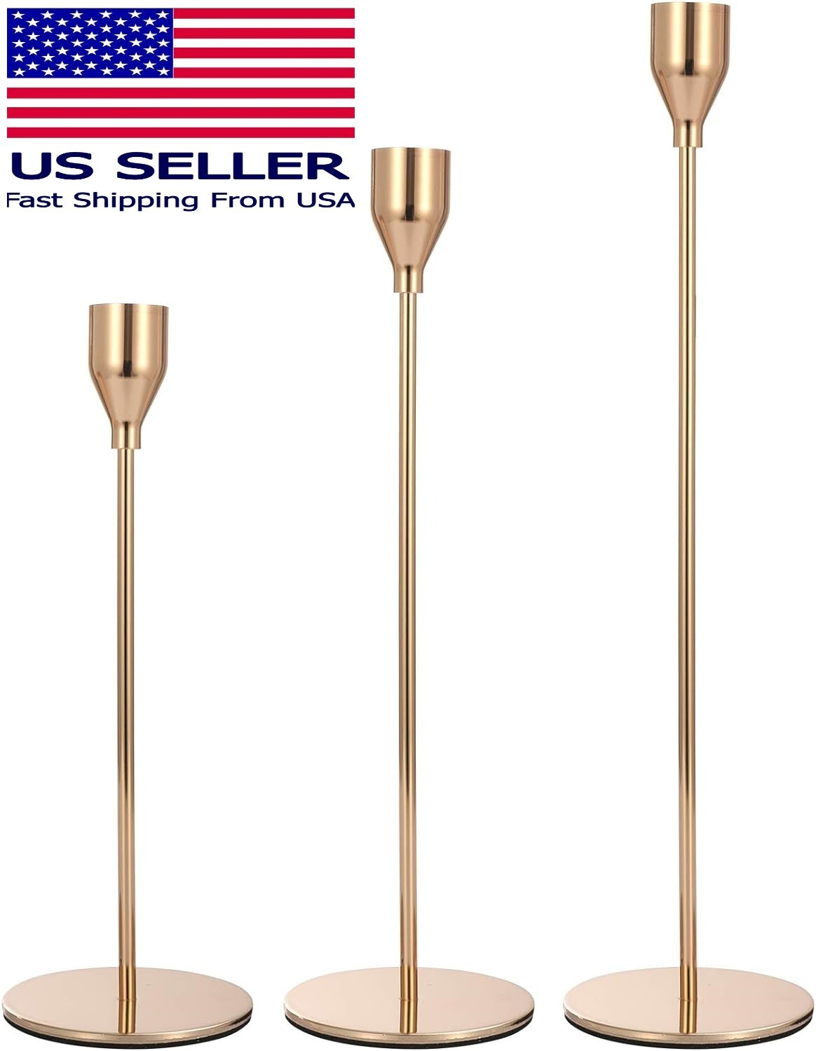 Set of 3 Rose Gold Candle Holders, Decorative Taper Candlestick Holder