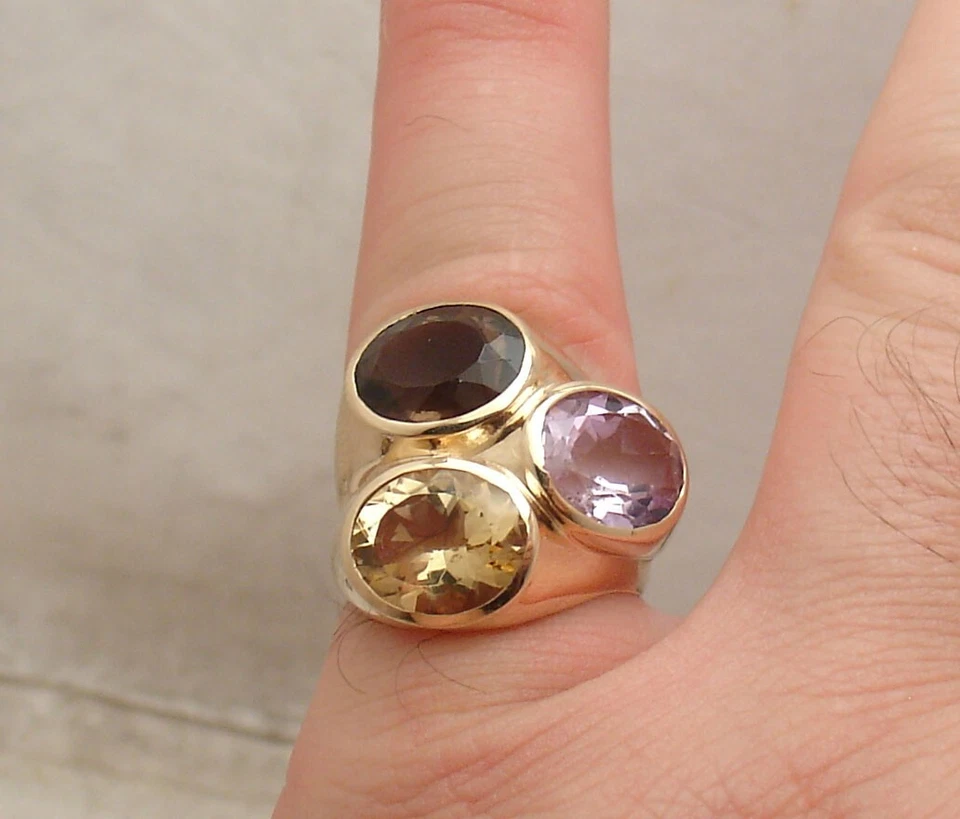 Anillo Technibond tamaño 7 piedras preciosas amatista citrino chapado en oro amarillo de 14K plata Foto 2 de 4