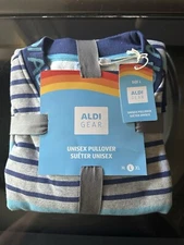 ALDI Gear 2024 Stripes Gray Blue Logo Pullover Unisex Sweatshirt Size Lg NWT