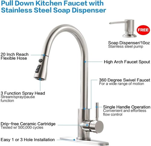 Lead-Free Brushed Nickel Kitchen Faucet with 360° Rotating Sprayer & Soap Pump - Picture 4 of 10