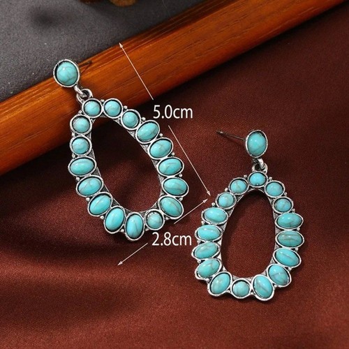 Western Southwestern Aged Silver & Turquoise Oval Dangle Earrings NEW - Picture 6 of 7
