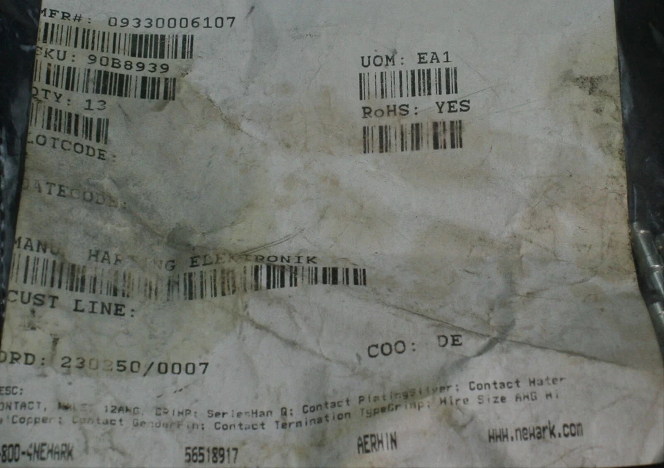 Trece (13) Harting 09 33 000 6107 Contacto Crimpado 90B8939 NUEVO Foto 3 de 4