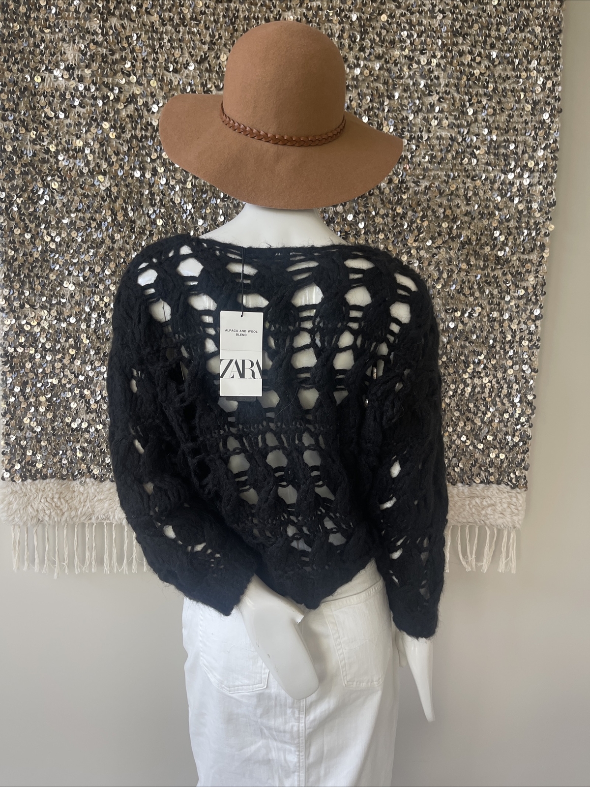 ZARA  ALPACA & WOOL BLEND OPENWORK KNIT BLACK SWEATER S NEW image 2