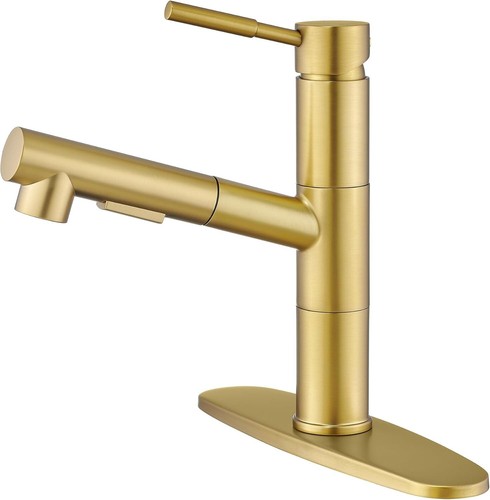 Rubinetto Cucina Oro Spazzolato Arco Basso con Spruzzatore Girevole 360° - Salvaspazio - Foto 3 di 9