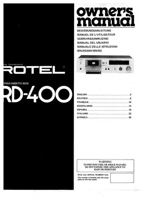 Rotel RD-400 Cassette Deck Owners Instruction Manual | eBay