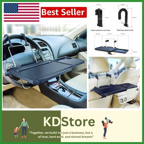 Compact 2 in 1 Car Tray for Eating & Working – Hooks for Steering Wheel & Seat