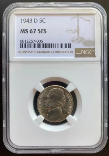 1943-D Jefferson Nickel, NGC Graded MS 67 w 5 Full Steps, Cert. # 6012257-005