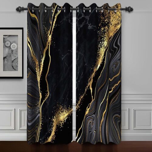 Baocicco Black Gold Marble Window Curtains for Bedroom Art Fluid Golden Textu...