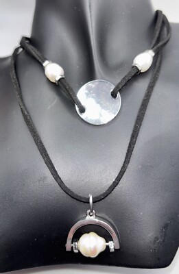 Chicos Evette Choker, Black Two Layer Necklace W/faux Pearl Silver Toned