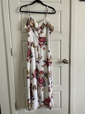 As U Wish Button Down White Floral Spagetti Strap Maxi Dress Split  ThighSize S