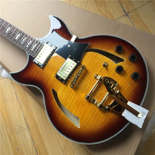 Free Shipping Handmade Johnny A Jazz Electric Guitar, Semi-hollow Body Sunburst
