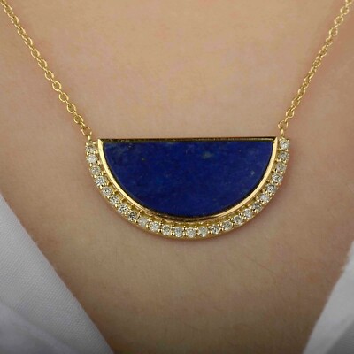 Echt Lapislazuli Diamant Halbmond Halskette massiv 14K Gelbgold Schmuck