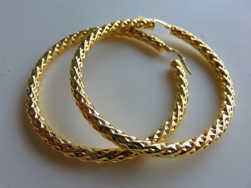 Gold Extra Large Hoop Earrings 9 Carat Yellow 45mm Diameter Diamond Cut - Picture 3 of 3