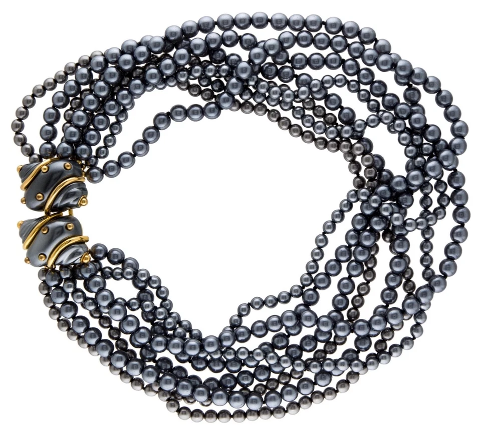 Kenneth Jay LANE KJL Shell Necklace Pearl Black Gray MultiRows Iconic Clasp gyuh - Image 4 of 4