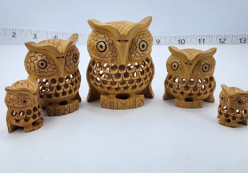 OWL figure Wood Wooden Hand carved Statue Beautiful Hand artwork SET OF 4 AND 5 - Picture 32 of 36