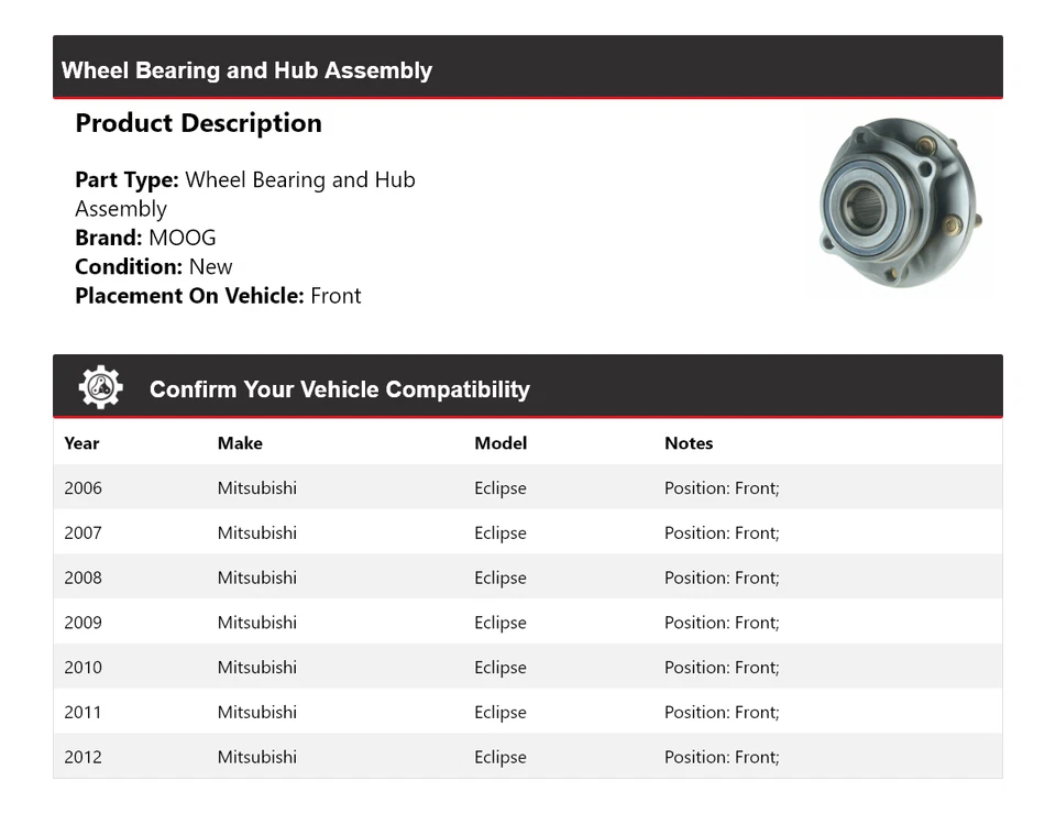 Conjunto de cojinete de rueda y buje delantero MOOG 2006-2012 para Mitsubishi Eclipse Foto 2 de 4