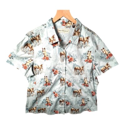 Bit & Bridle Button Up Womens XXL Short Sleeve Shirt Horse Print Western Rodeo
