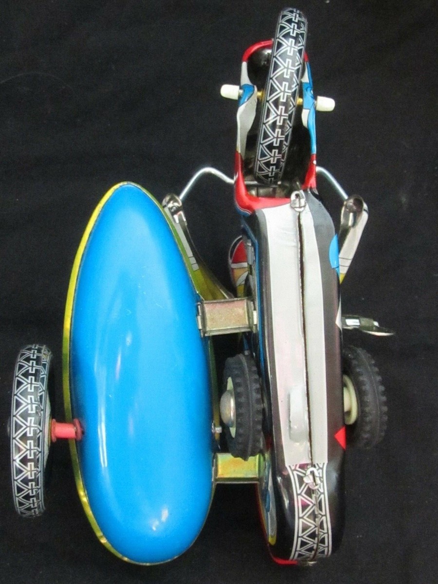 Vintage Collectible Motorcycle With Sidecar Wind-Up Tin Toy