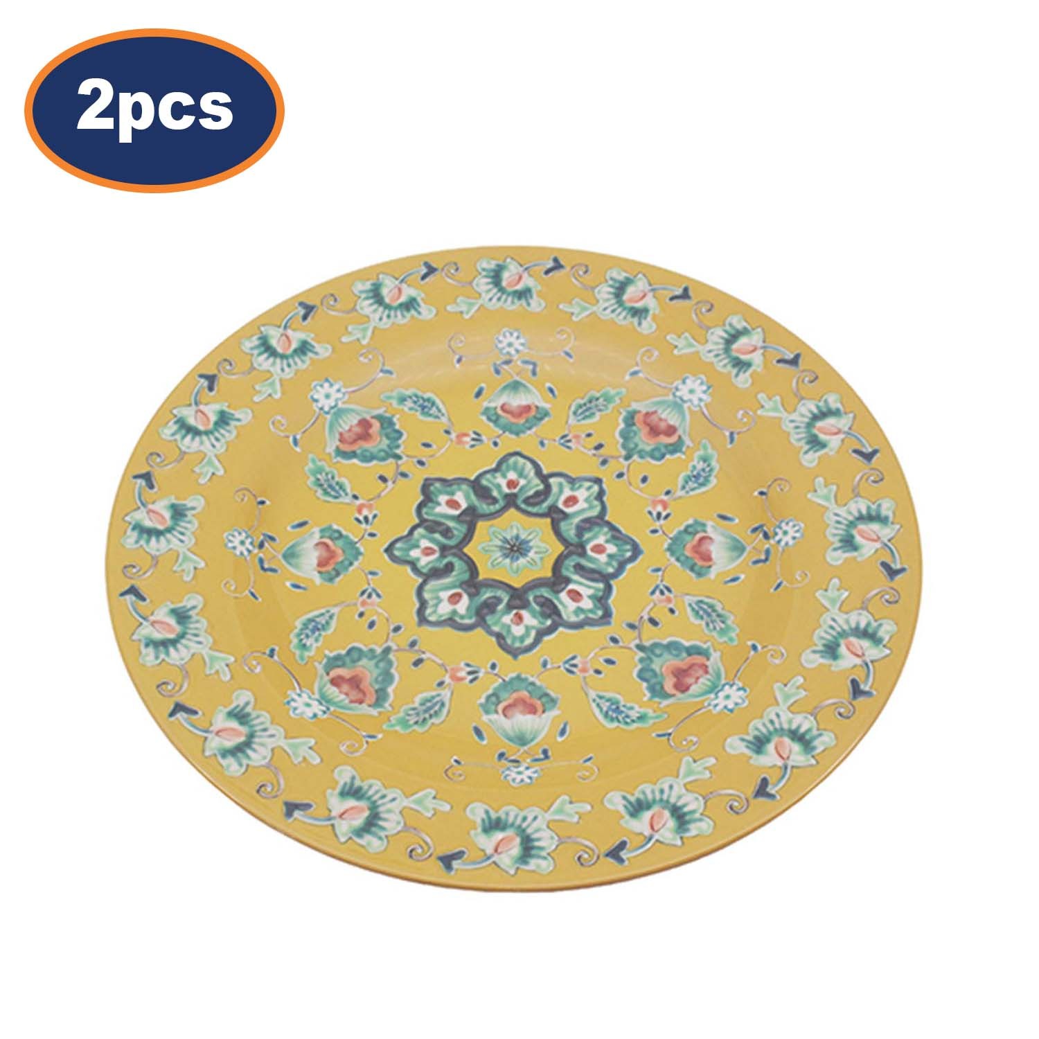 Yellow Tuscany Melamine Dinner Plates 28cm Round Floral Serving Plate Set 2Pcs