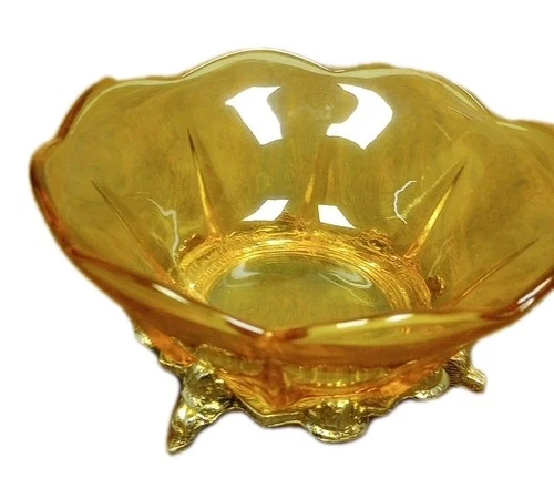 Vintage Amber Glass Brass Footed 4” Bowl