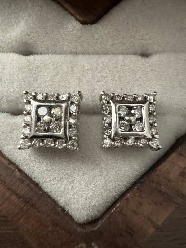 14K White Gold ~3/8CTW Diamond Square Cluster Earrings