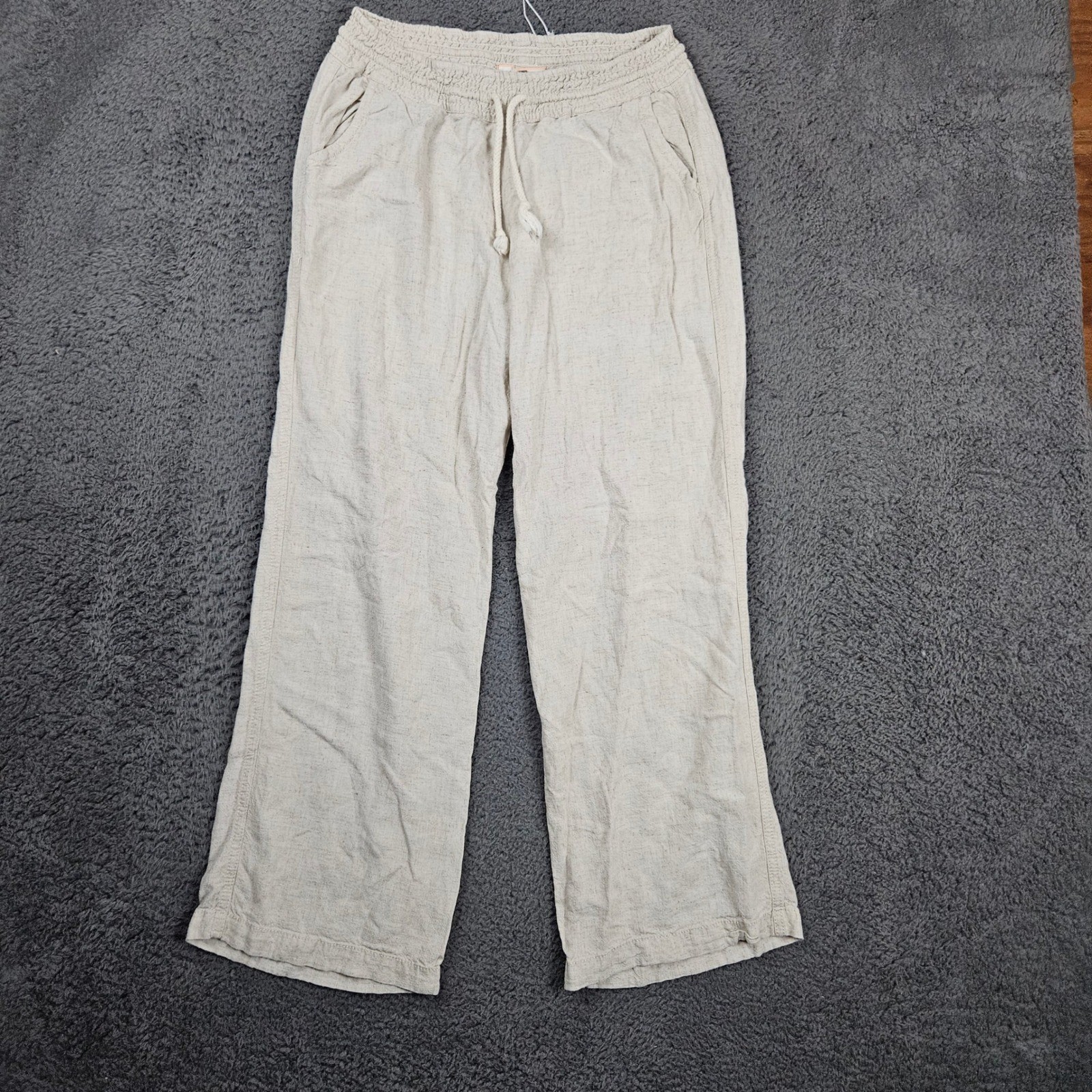 Angel Kiss Womens Linen Blend Casual Pants Drawstring Waist Beige Medium