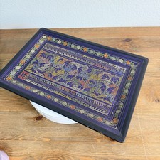 VTG Mexican Olinala Lacquer Wood Tray Hand Painted Folk Art Birds Floral Blue