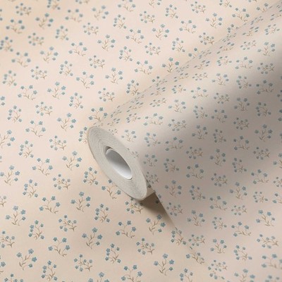 Blumentapete mit kleinem Landhaus-Muster   Creme, Blau, Grau