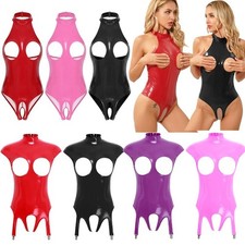 Women's Patent Leather Hollow Out Bodysuit Sleeveless Open Crotch Catsuit Clips