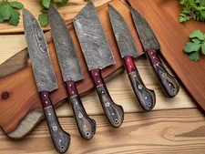 Damascus Chef Knife Set 5PC Handmade Kitchen Knives with Leather Sheath - Gift