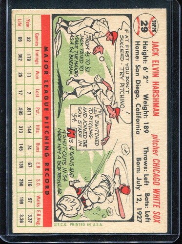 1956 Topps Baseball # 29 Jack Harshman "WB" (VG) Very Good - Picture 2 of 2