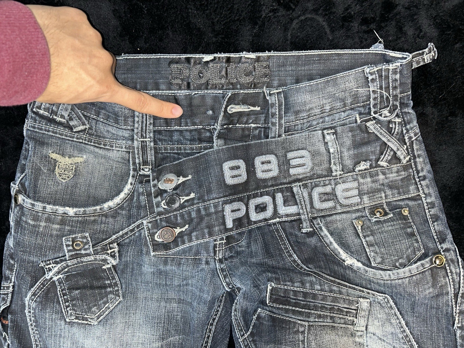883 Police Men’s Jeans Embroidery Black Jeans Size 32x32 Rare Strap Extra Pocket