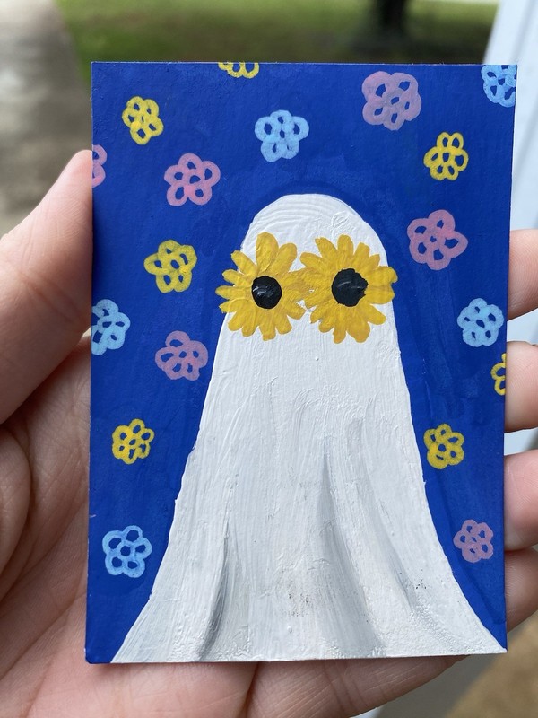 ACEO Original Mini Painting Ghost Flowers Sunglasses Eyes Retro Halloween Horror