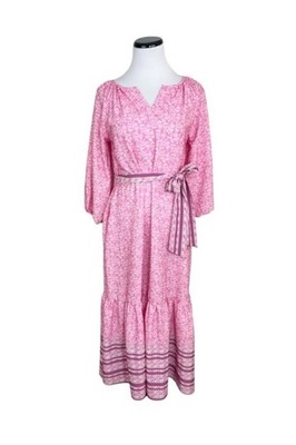 Mila Mae Pink Border Print Tie Waist Floral Paisley Midi Dress Size XS
