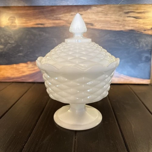 Vintage Anchor Hocking White Milk Glass Pedestal Covered Compote Candy Dish 7”