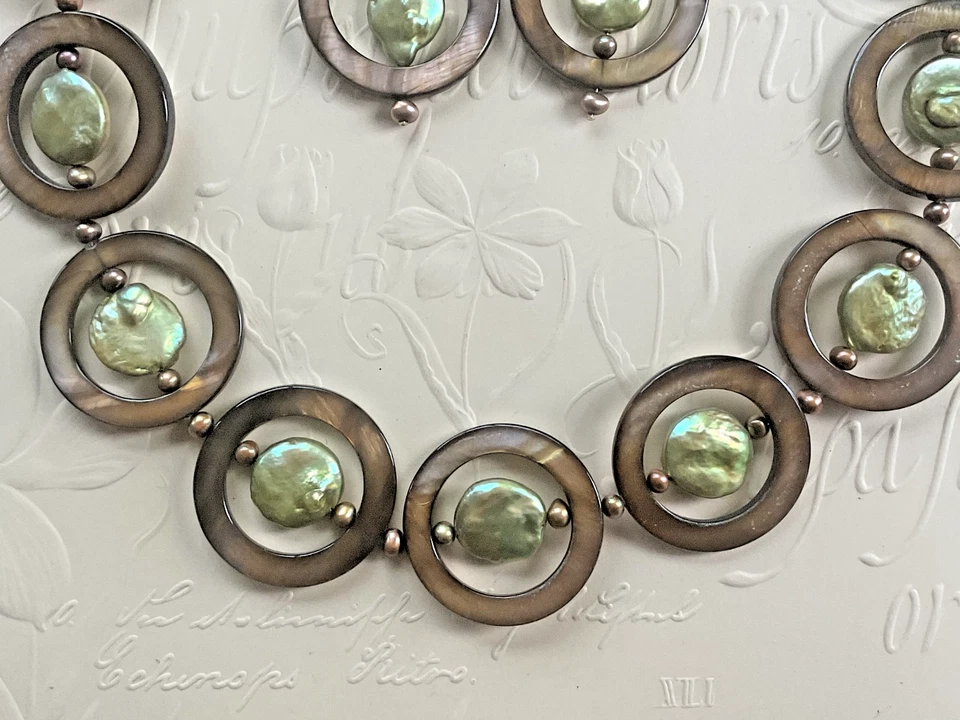 Набор ожерелье и серьги из диска перламутровая раковина — зеленый жемчуг для монет - Изображение 4 из 4