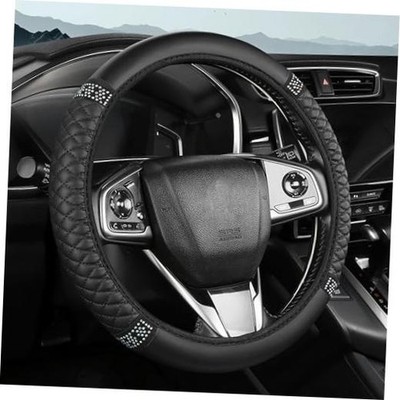 Bling Car Steering Wheel Cover, 15 Inch Rhinestones Soft Leather Elastic Black