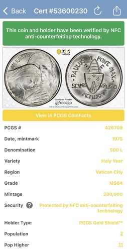 VATIKANSTADT Paul VI 500 Lire 1975 Silber PCGS MS64 Holy Year Silver KM-131 - Bild 3 von 4