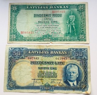 1934 Latvia 50 Latu banknote & 1938 Latu Banknote