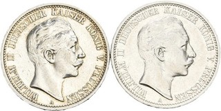 Künker: Preussen Wilhelm II. 2 x 2 Mark 1907 1908 A Silber