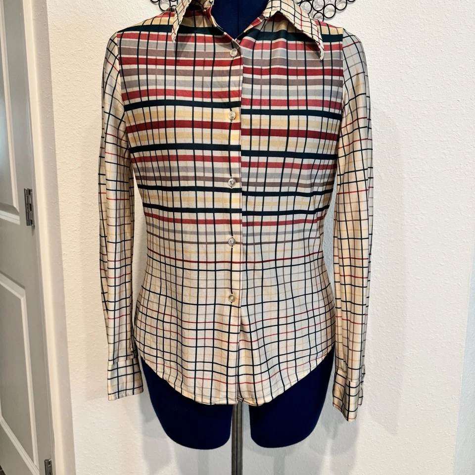 Women’s Vtg 70s Blouse Top Dagger Butterfly Collar Mod Disco Size Small Stripes - Image 3 of 4