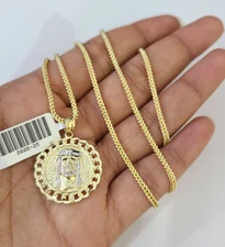 Real 10k Yellow Gold Franco Chain Jesus Head Pendant Charm 2mm Necklace