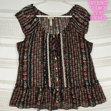 American Rag Vintage Sheer Black Floral Rose Top Size XL Boho
