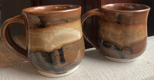 Pair of Glazed Brown Stoneware Pottery Tea Coffee Mugs Cups Signed Handmade EUC!