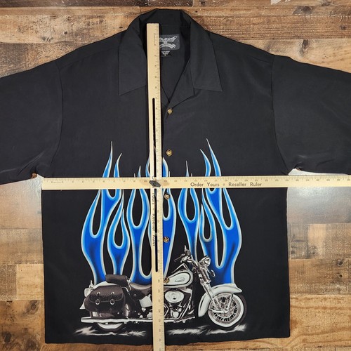 Chrome Eagle Button Up Shirt Mens XL Black Motorcycle Blue Flames Y2K - Picture 3 of 11