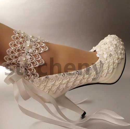 Su.cheny 3"4"" Tacón Blanco Marfil Encaje Perlas Boda Zapatos Novia Talla 5-11 - Imagen 5 de 12